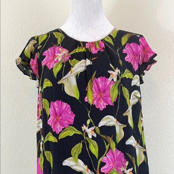 Milly Black and Pink Floral Flutter Sleeve 100% Silk Sundress Large - Picture 2 of 10